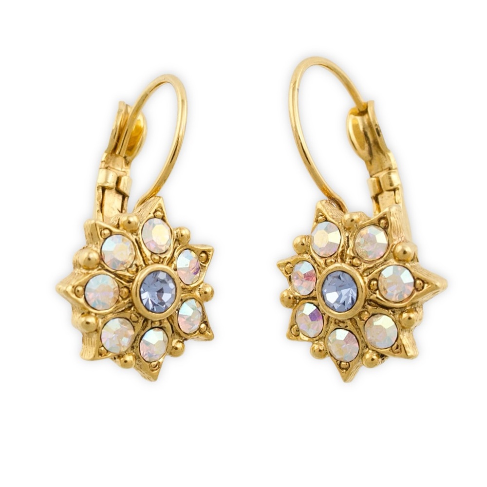 1928 Aurora Borealis Rhinestone Cluster Drop Earrings Gold Tone Leverback